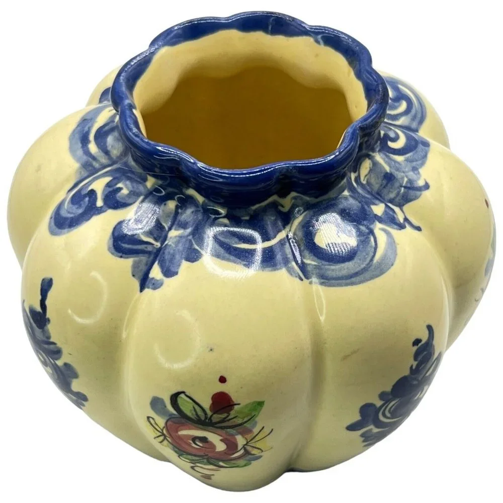 Vestal Alcobaca Vase‎ Hand Painted Blue Flowers Made In Portugal Art Pottery VTG
